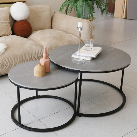 Modern Nesting Round Grey Marble Top Coffee Table Set Sintered Stone Table