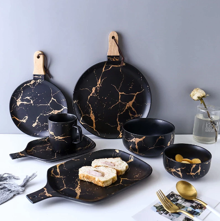 Best Gold Marble Glazes Ceramic Party Tableware Set Porcelain Breakfast Plates