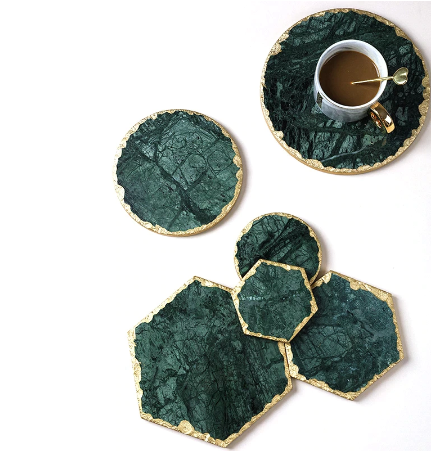 Non-slip Emerald Real Marble coaster mug place mat Hexagon Round Heat