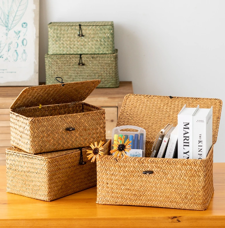 Seaweed Storage Basket Hand-woven Storage Box with Lid Sundries Cosmetic