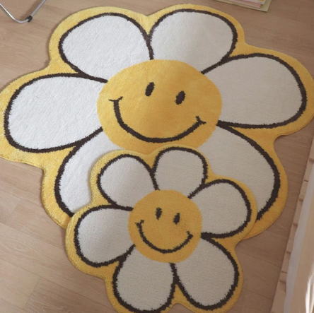 Sunflower Rug Round Carpet Bedroom Bedside Plush Blanket Mat Cute Smiley Non-Slip Mat