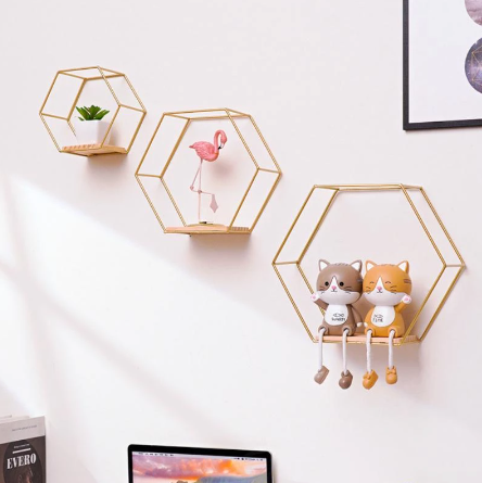 Wall Mounted Floating Hexagonal Shelf Metal Frame Gold Shelves Sizes Wooden