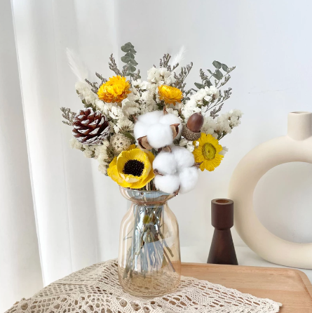 Cotton Preserved Eucalyptus Pampas Dried Flower Bouquet with Glass Vase