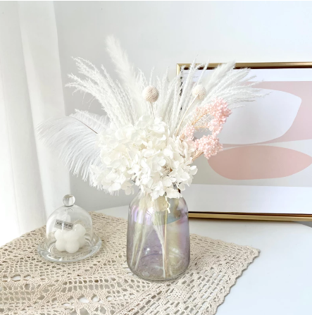 Cotton Preserved Eucalyptus Pampas Dried Flower Bouquet with Glass Vase