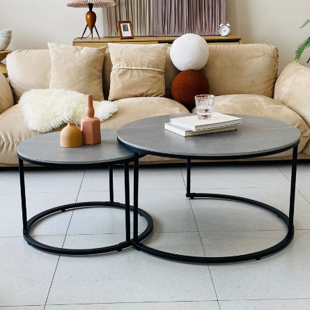 Modern Nesting Round Grey Marble Top Coffee Table Set Sintered Stone Table