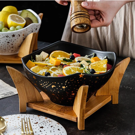 Nordic ceramic baking bowl household hotel tableware salad bowl simple wooden