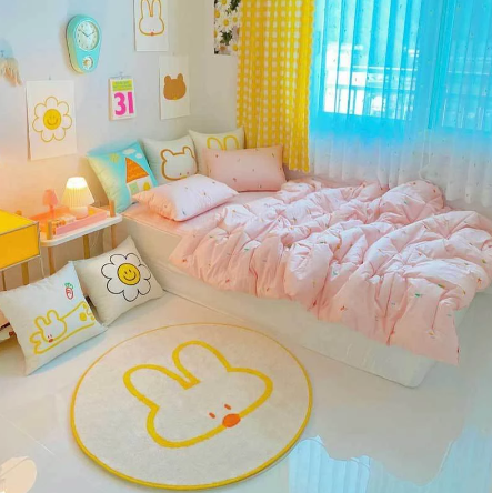 Sunflower Rug Round Carpet Bedroom Bedside Plush Blanket Mat Cute Smiley Non-Slip Mat