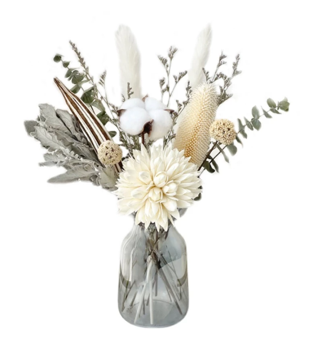 Cotton Preserved Eucalyptus Pampas Dried Flower Bouquet with Glass Vase
